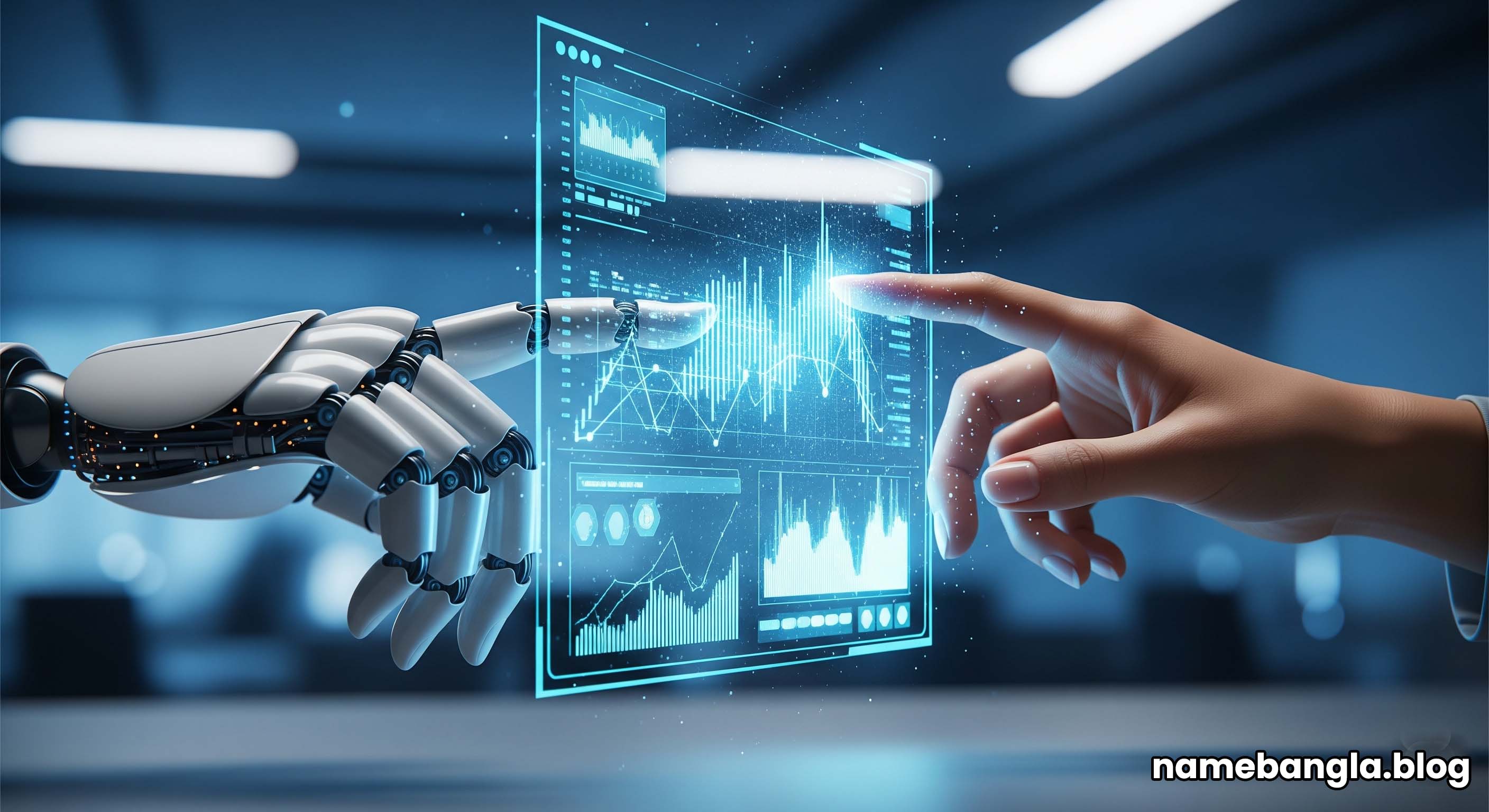 A robot hand writing on a futuristic screen with charts.