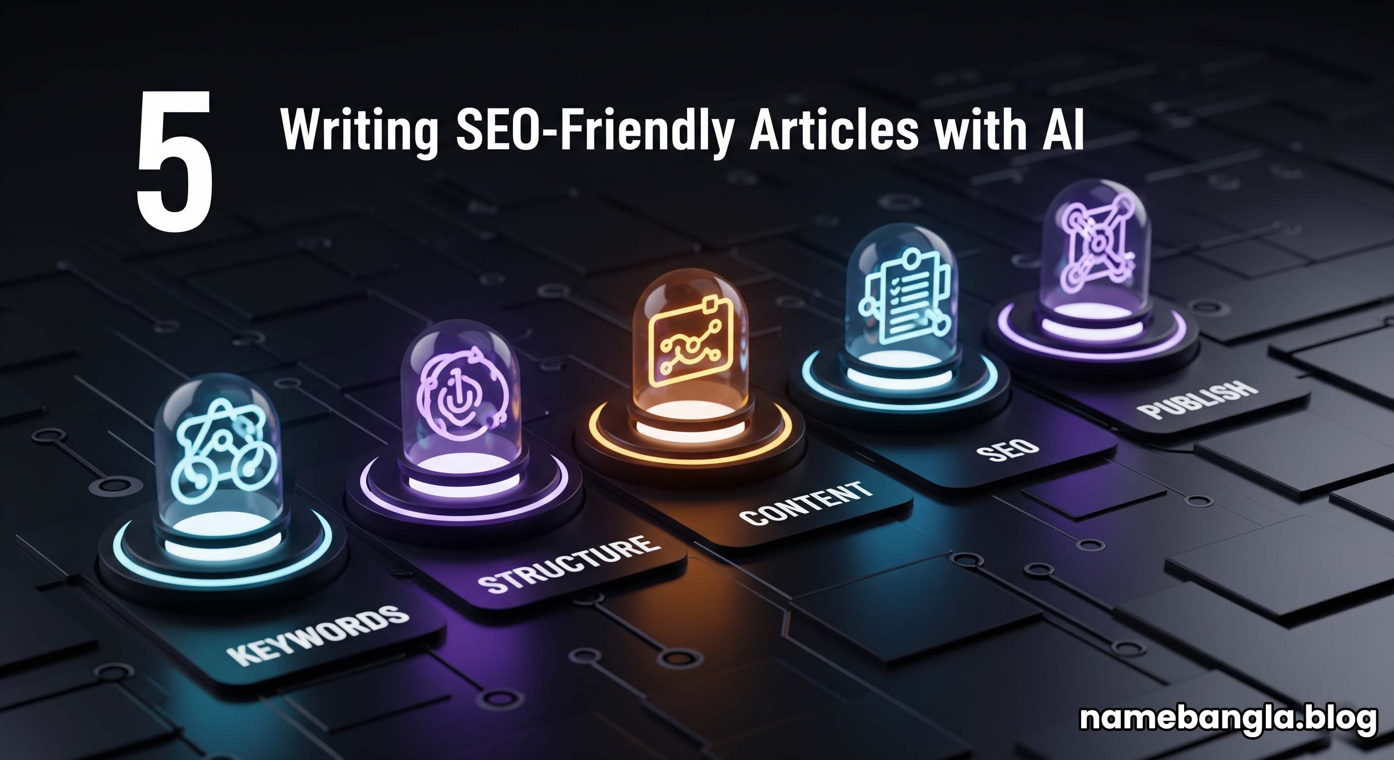 Infographic showing steps to write SEO content with AI.
